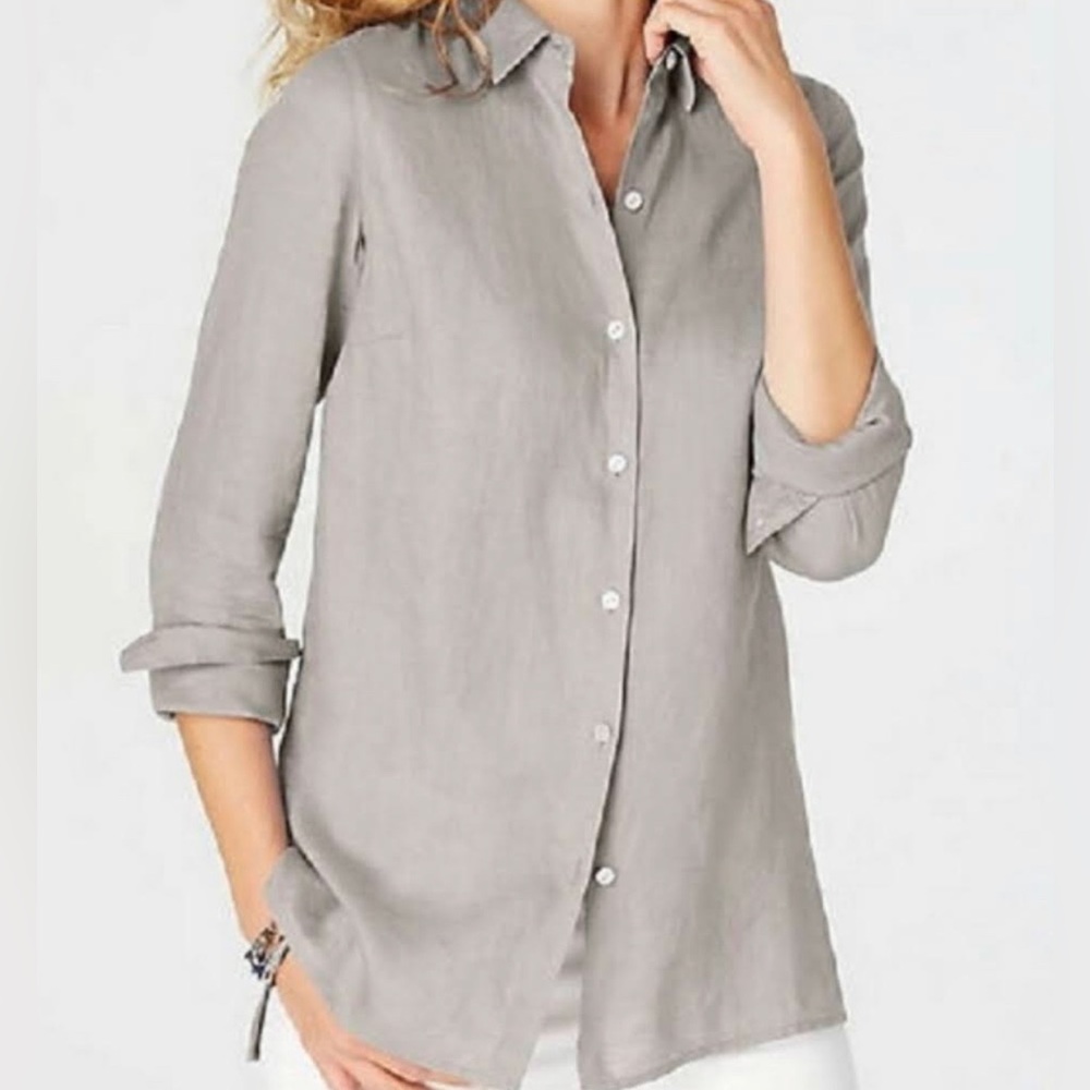 J.Jill 100% Linen Gray Purple Button Up Shirt